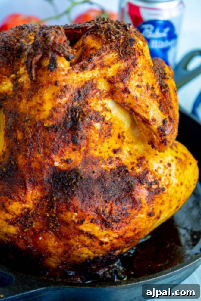 A roasted chicken prepared in a cast iron skillet using a beer can.