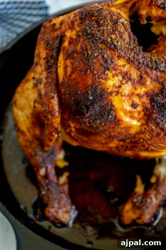 A crispy roasted chicken cooked in a cast iron skillet.