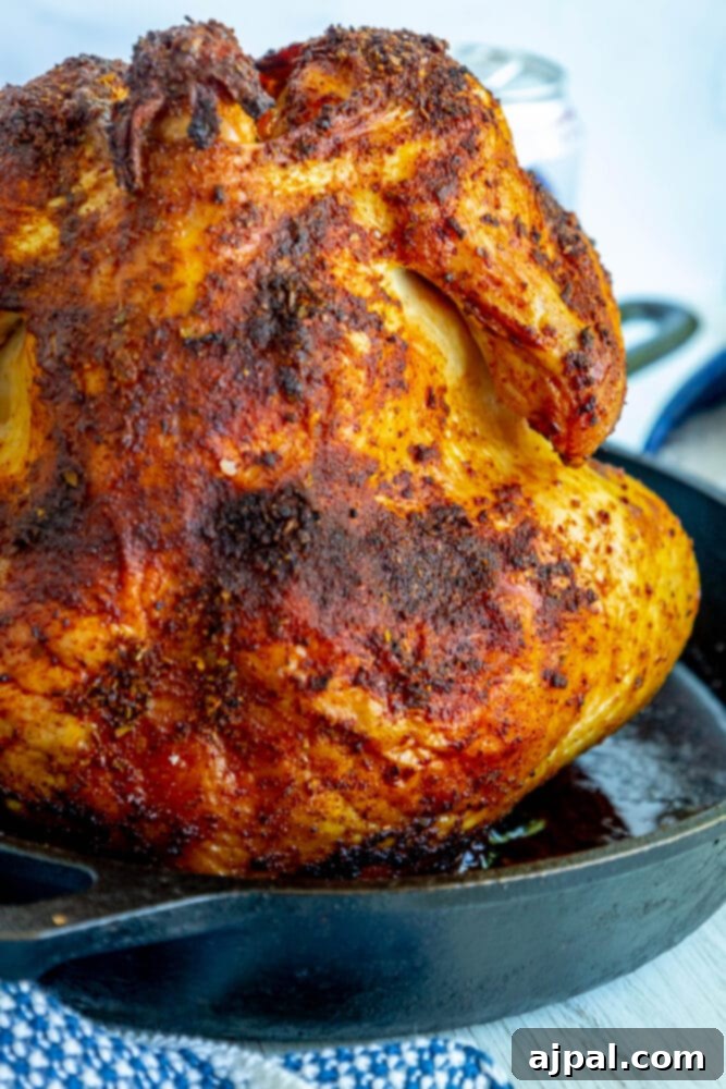A grilled beer can chicken in a cast iron skillet.