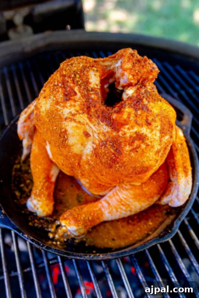 raw seasoned beer can chicken in a cast iron pan on a grill
