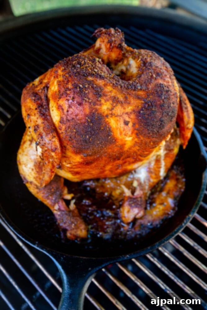 roasted beer can chicken in a cast iron pan on a grill
