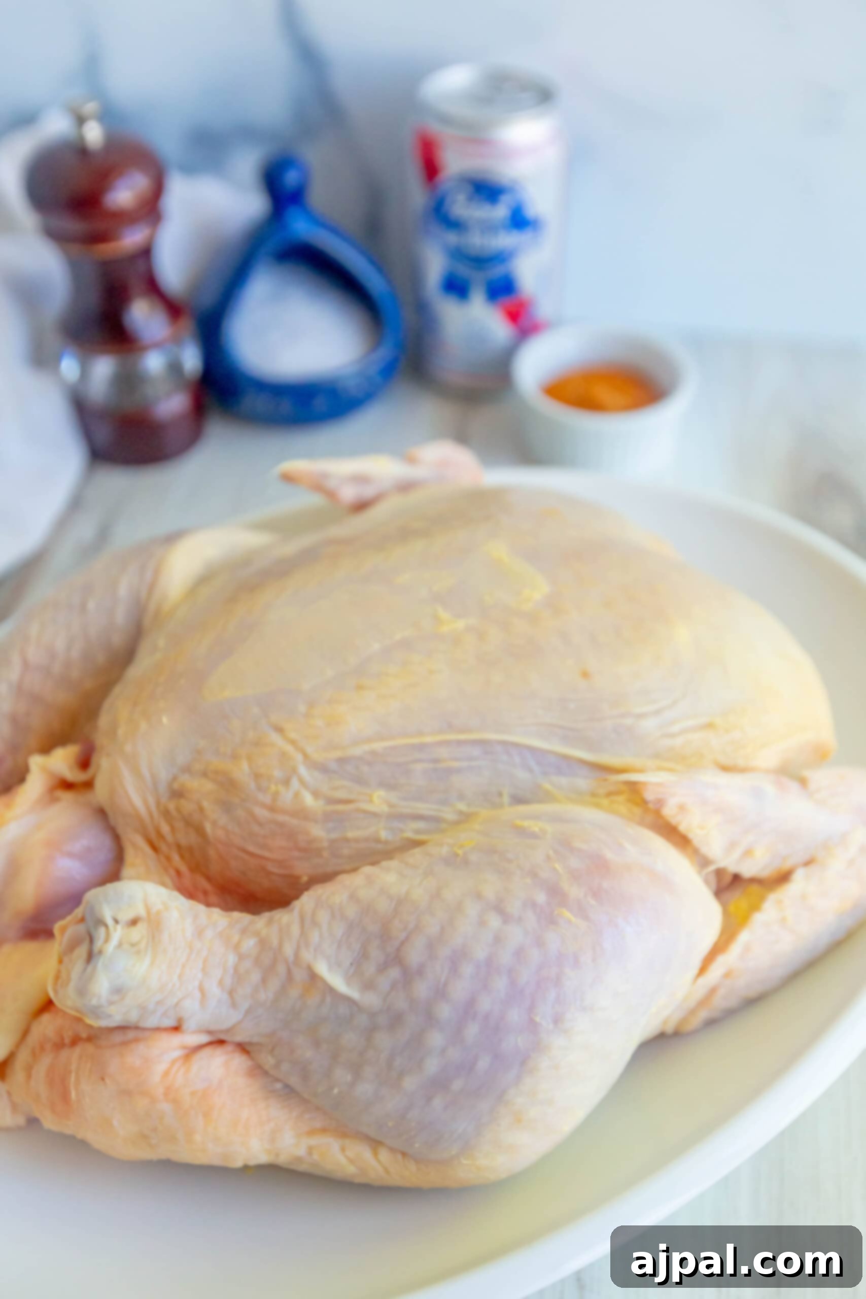 raw chicken, spices, beer, and salt on a table