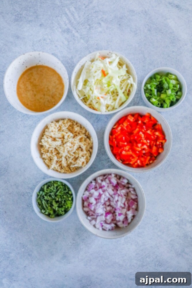 Fresh ingredients for Thai chicken salad laid out: lettuce, cooked chicken, red bell pepper, green onion, red onion, and a bowl of peanut dressing.
