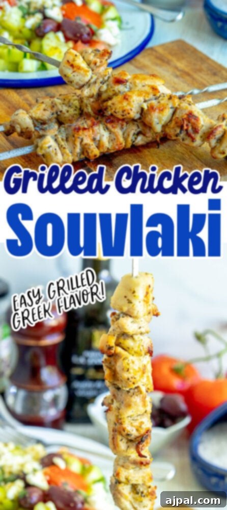 A close-up shot of grilled chicken souvlaki skewers, perfectly browned and seasoned.