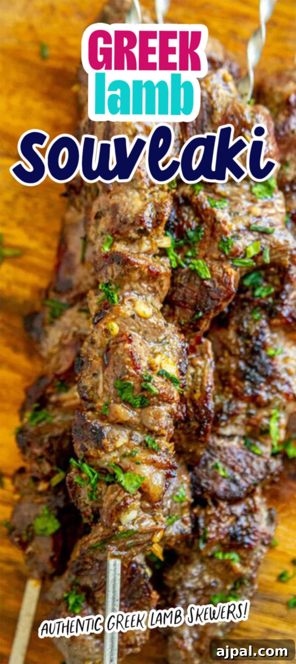 Classic Grilled Lamb Souvlaki Skewers 12 Greek grilled lamb souvlaki skewers garnished with herbs on a rustic wooden surface, with text reading "Greek Lamb Souvlaki" and "Authentic Greek lamb skewers!" for a true Mediterranean experience.