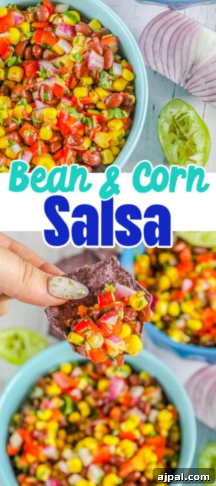 Easy Black Bean and Corn Salsa with a tortilla chip in a blue bowl, ready to be enjoyed.