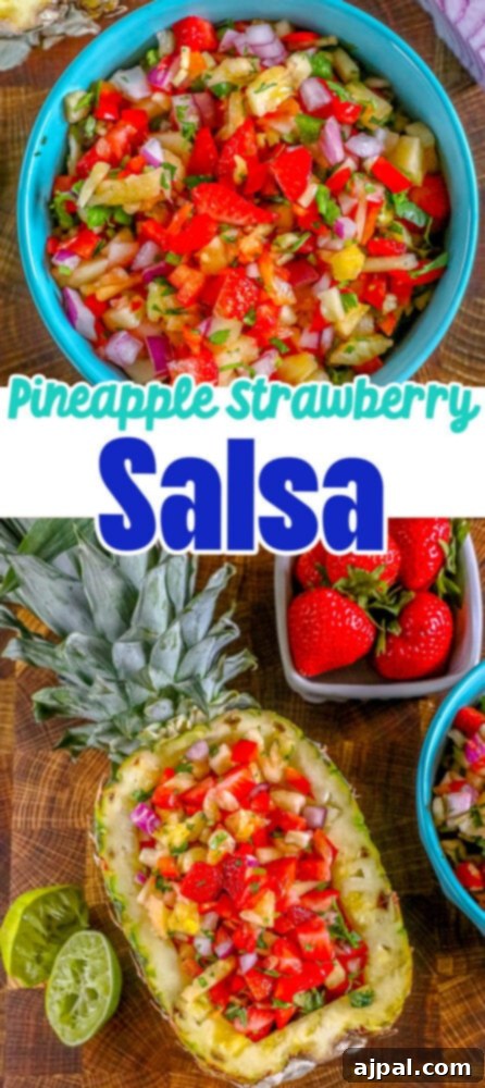 Picture of strawberry pineapple salsa on a blue plate, garnished and ready to serve.
