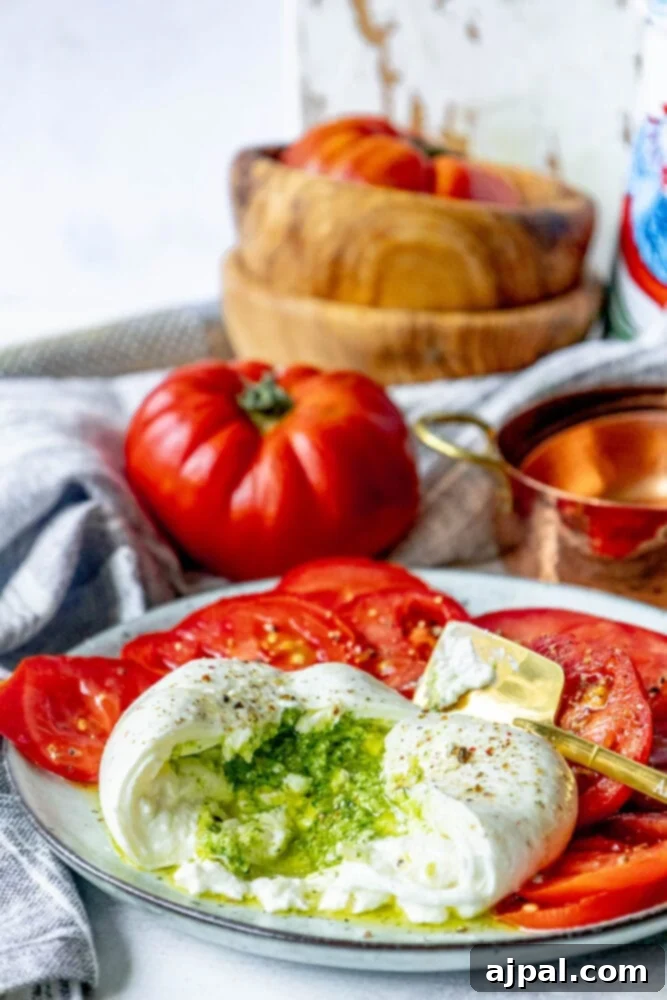 Burrata Bursting with Pesto 10 picture of burrata sliced open with pesto spilling out on a plate with tomatoes