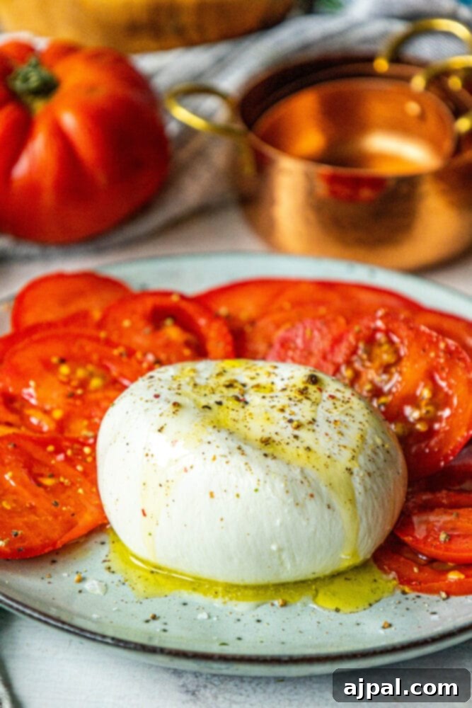 Burrata Bursting with Pesto 7 picture of burrata on a plate with olive oil, salt, and pepper on top and sliced tomatoes sitting