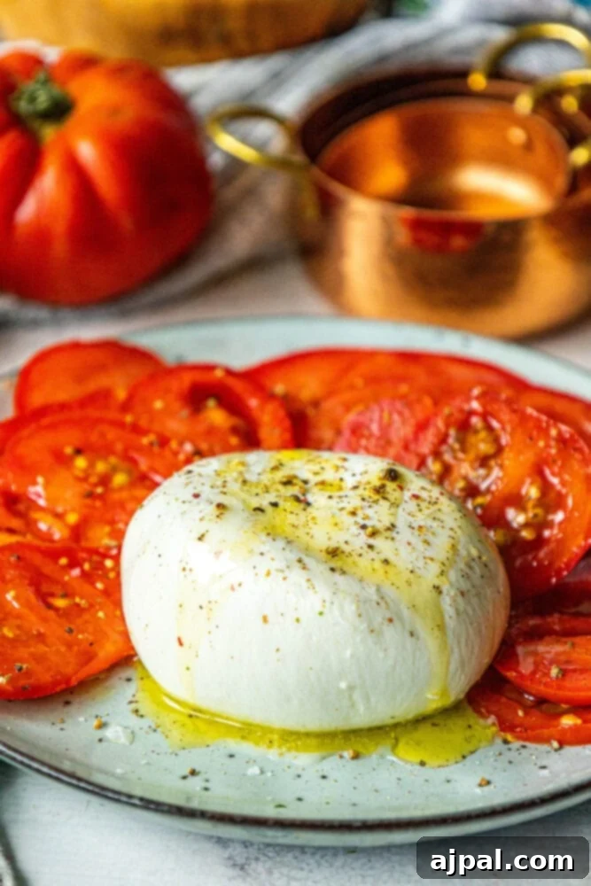 picture of burrata on a plate with olive oil, salt, and pepper on top and sliced tomatoes sitting 