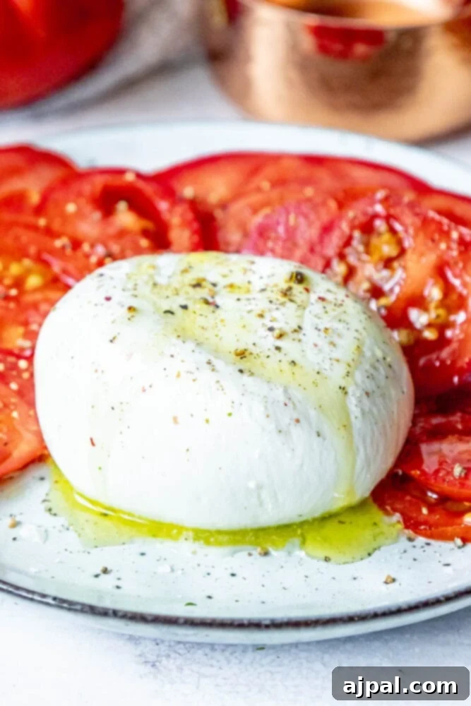 Burrata Bursting with Pesto 9 picture of burrata with olive oil salt and pepper drizzled on top on a plate with sliced tomatoes