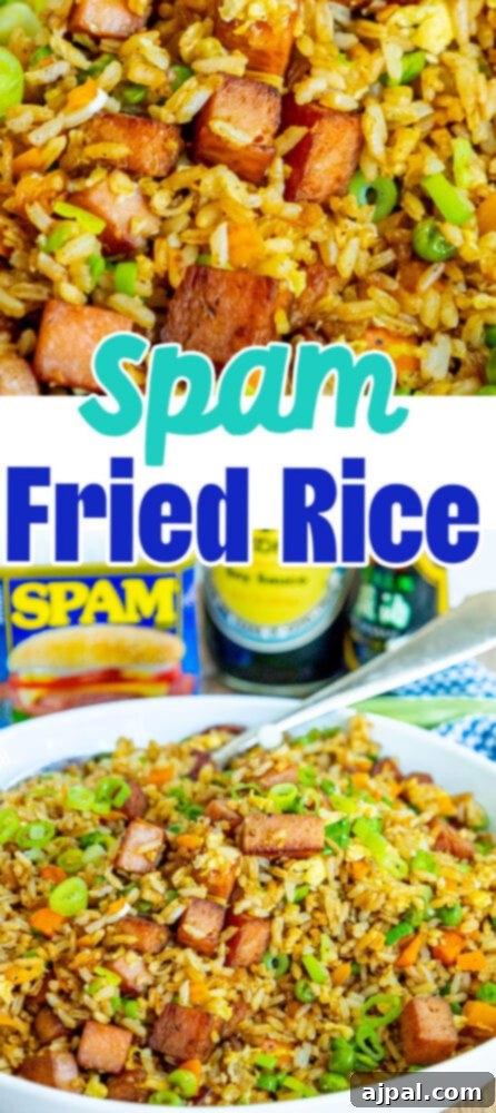 Effortless Spam Fried Rice 16 picture of spam fried rice with peppers, peas, and chopped green onions a bowl