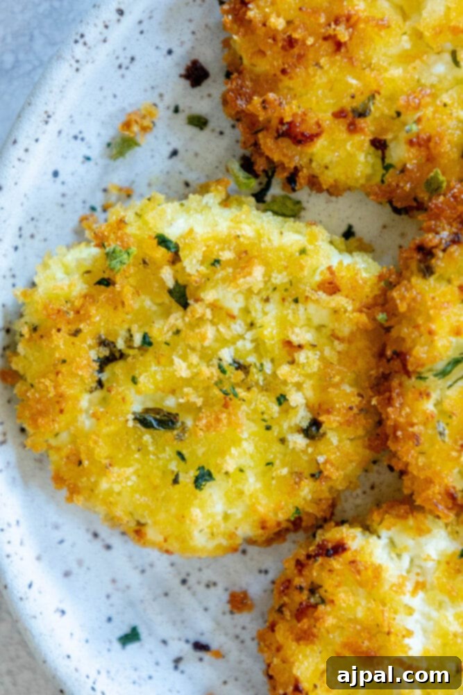 Warm Goat Cheese Bites 2 golden baked breaded goat cheese balls topped with herbs on a white speckled plate