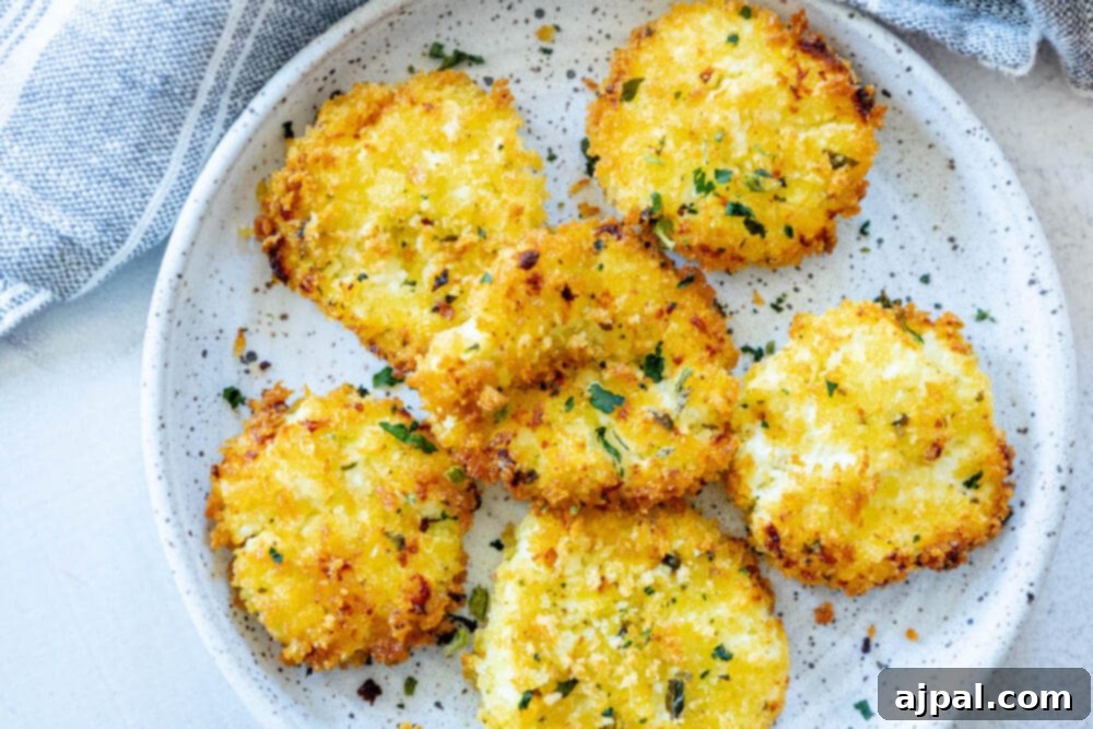 Warm Goat Cheese Bites 12 golden baked breaded goat cheese balls topped with herbs on a white speckled plate