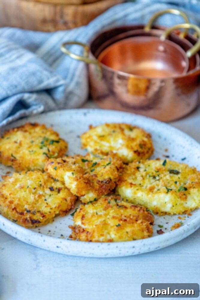 Warm Goat Cheese Bites 13 golden baked breaded goat cheese balls topped with herbs on a white speckled plate