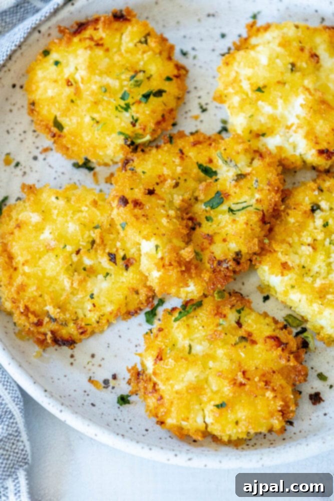Warm Goat Cheese Bites 3 golden baked breaded goat cheese balls topped with herbs on a white speckled plate