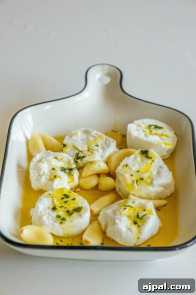 Warm Goat Cheese Bites 7 goat cheese being marinating in olive oil and garlic