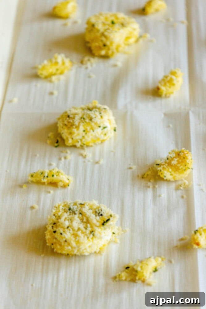 Warm Goat Cheese Bites 10 goat cheese balls and garlic cloves rolled in breadcrumbs on a sheet of parchment paper