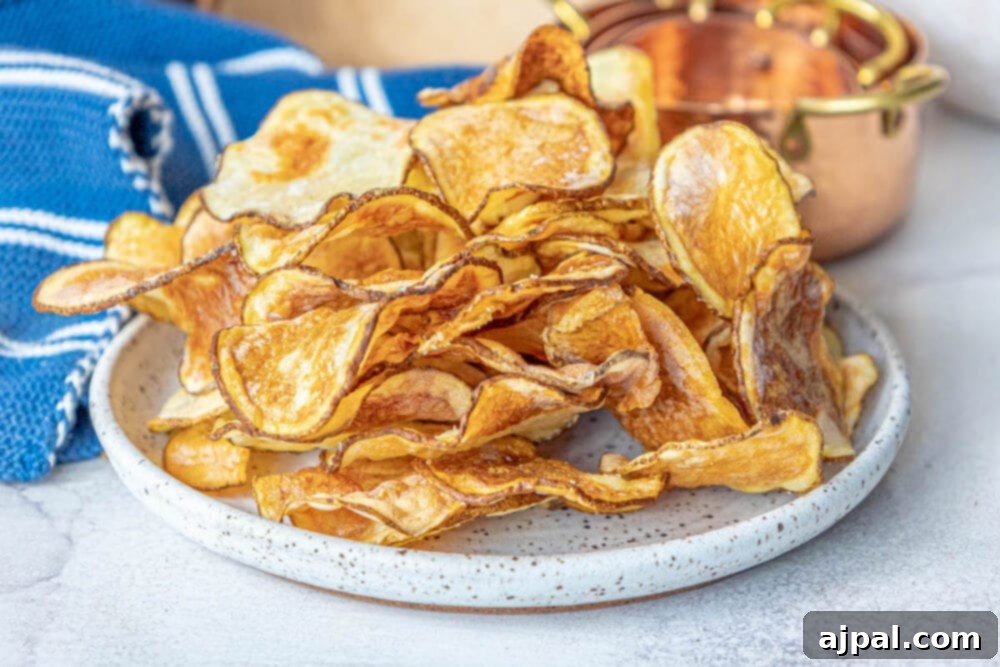 Crispy Air-Fried Potato Slices 2 A vibrant pile of golden-brown crispy air-fried potato chips, seasoned with a sprinkle of garlic salt, invitingly presented on a plate.