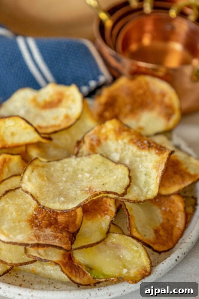 Crispy Air-Fried Potato Slices 3 Close-up shot of a small bowl overflowing with freshly made air fryer potato chips, sprinkled with garlic salt, highlighting their golden texture.
