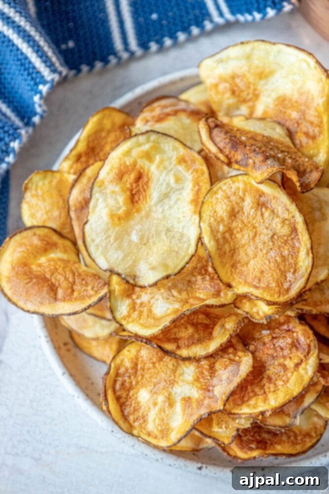 Crispy Air-Fried Potato Slices 9 A hand reaching for a crispy air-fried potato chip from a bowl, garnished with fresh parsley.