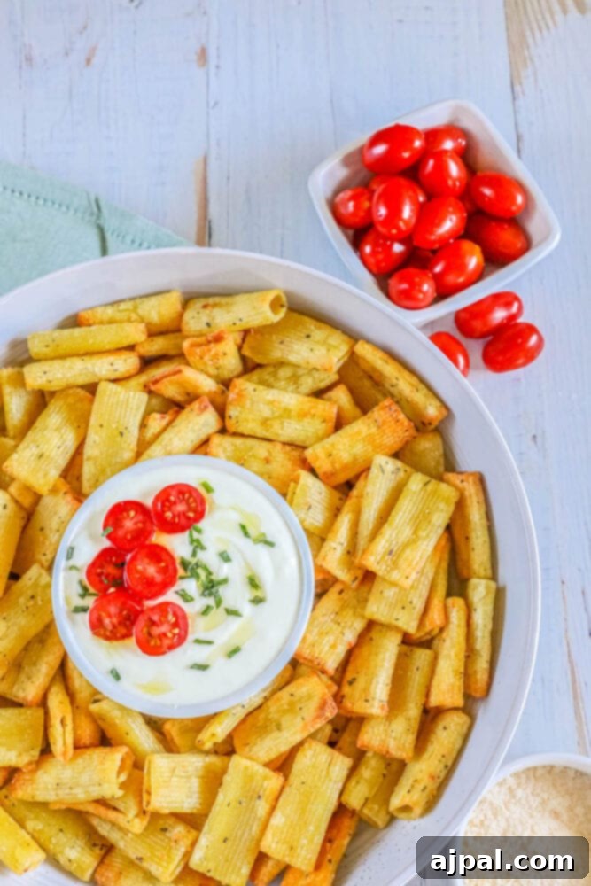 A serving of air-fried pasta chips with feta dip on a white plate, ready to be enjoyed.
