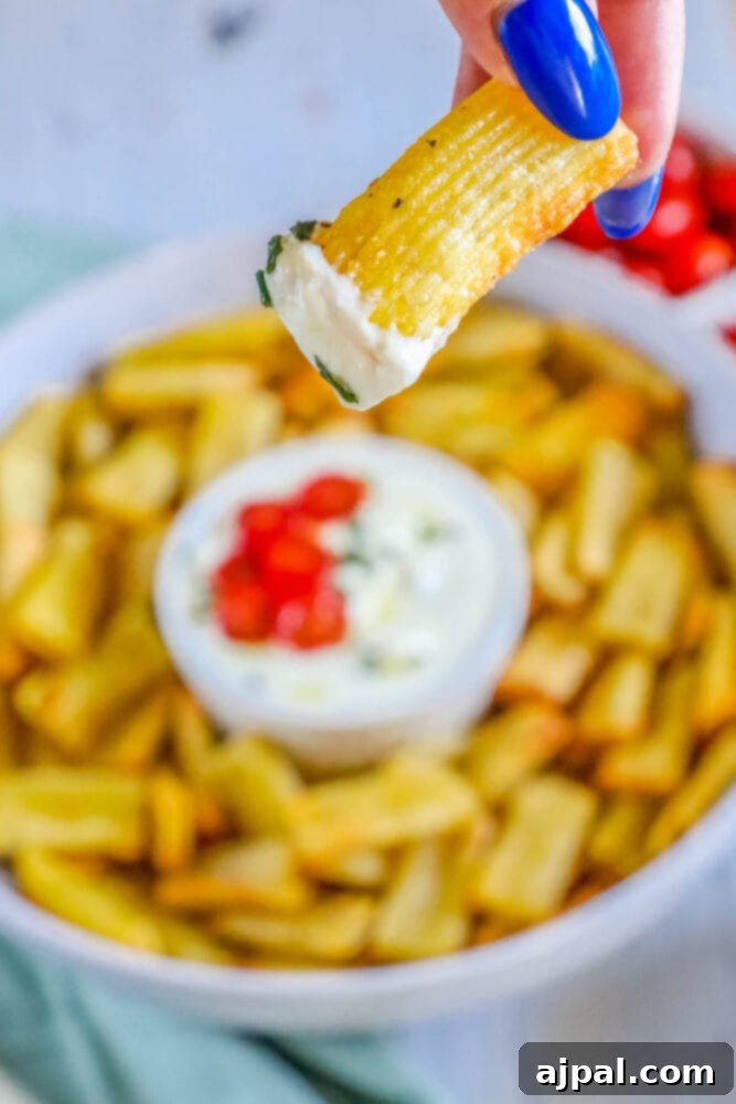 A hand dipping a perfectly golden air-fried pasta chip into a bowl of creamy feta dip, ready for a bite.