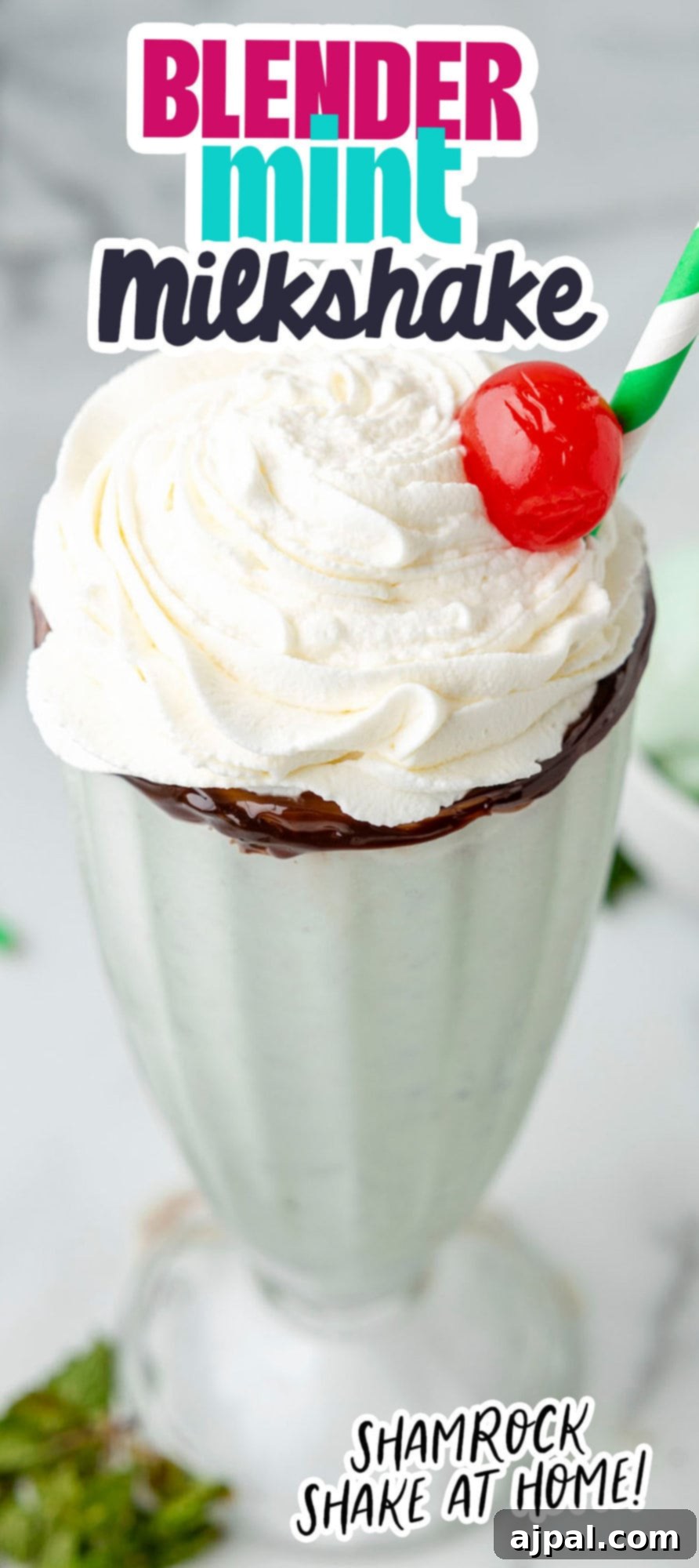 Cool Mint Swirl 11 A refreshing mint milkshake, homemade with a blender, served in a tall glass with whipped cream, a cherry, and a straw.