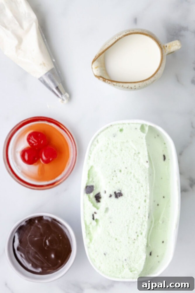 Cool Mint Swirl 5 A collection of mint milkshake ingredients: whipped cream, cherries, melted chocolate, milk, and mint chocolate chip ice cream, arranged on a rustic wooden table.