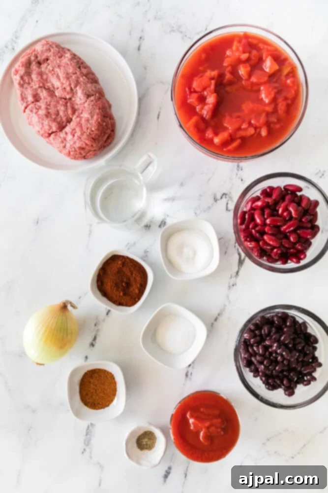 picture of ground beef, tomatoes, beans, salt, water, and spices on a table