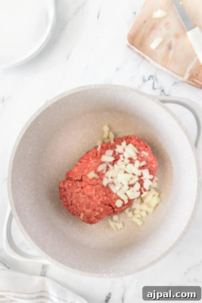picture of ground beef and diced onion in a pot