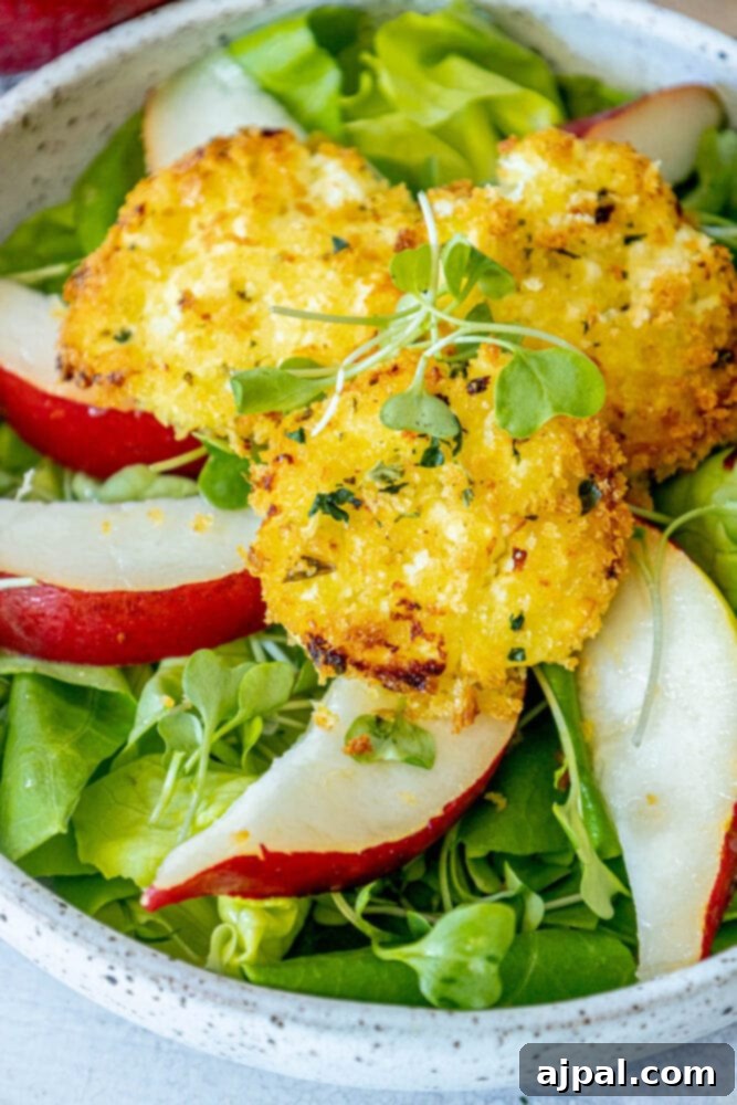A vibrant butter lettuce salad adorned with perfectly sliced ripe pears and golden-brown, crispy baked goat cheese balls, all glistening with champagne vinaigrette dressing.