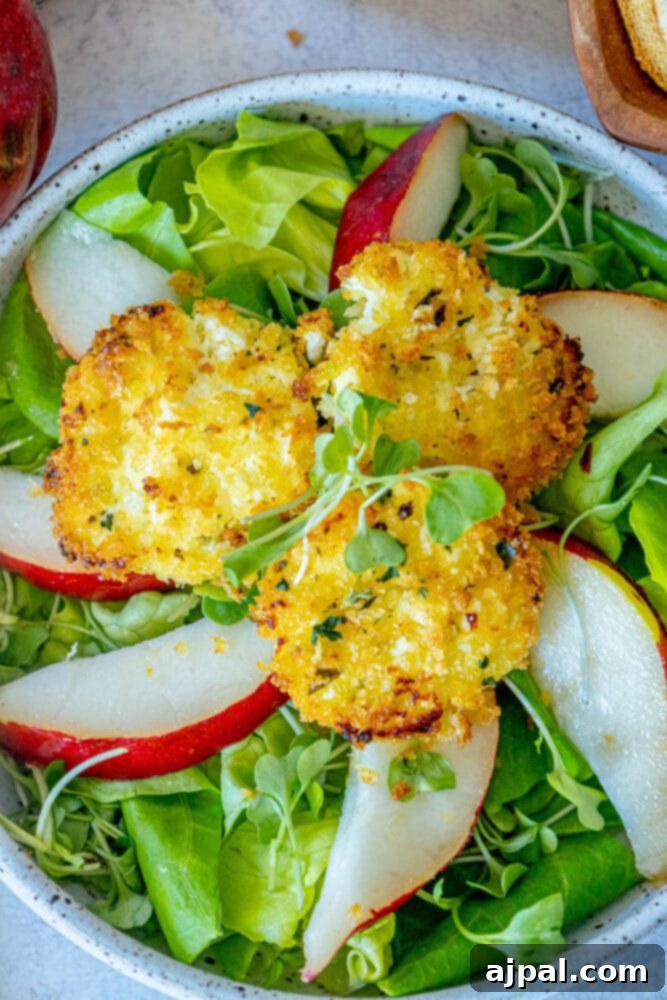 An inviting plate of Pear and Goat Cheese Salad, featuring crispy goat cheese fritters, fresh pears, and green leaves.