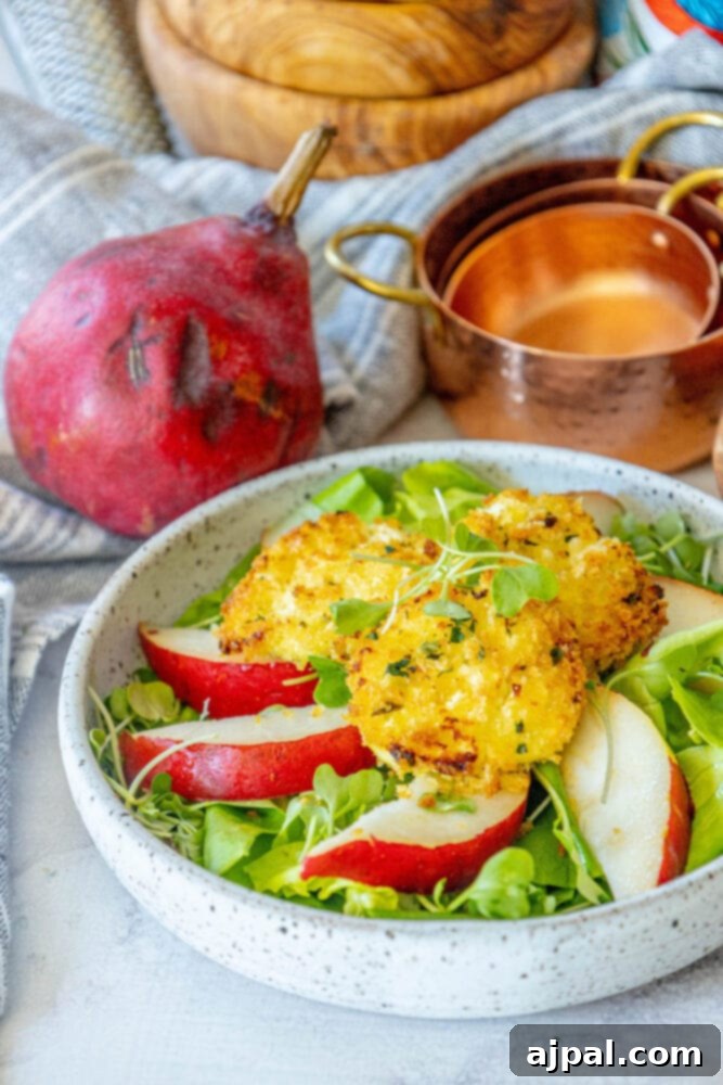 A beautifully composed white bowl holding a fresh salad with vibrant green butter lettuce, delicate pear slices, and several golden goat cheese fritters, all lightly dressed.