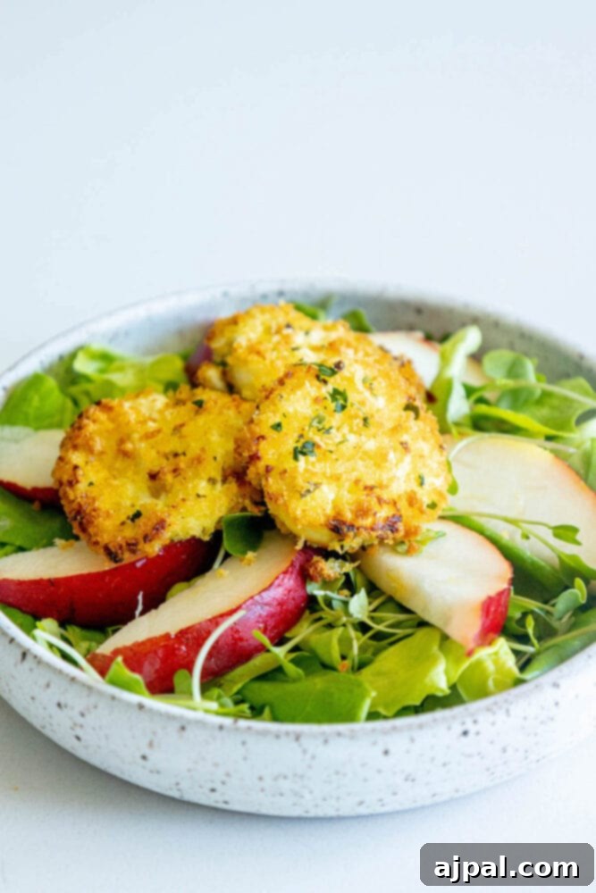 A vibrant butter lettuce salad with thinly sliced pears and golden-brown baked goat cheese balls, ready to be dressed.