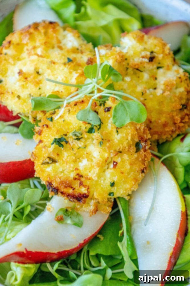 A vibrant salad featuring crispy baked goat cheese balls and fresh pear slices on a bed of butter lettuce, dressed with champagne vinaigrette.