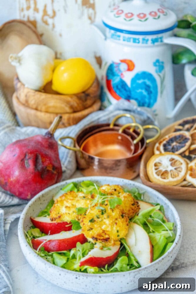 A beautifully presented bowl of pear and goat cheese salad, featuring apples and pears, glistening with vinaigrette.