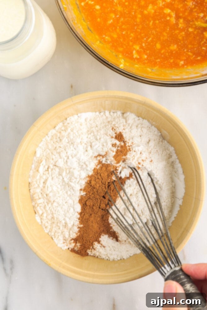 Moist Spiced Pumpkin Loaf 8 picture of flour, sugar, and cinnamon being whisked in a bowl