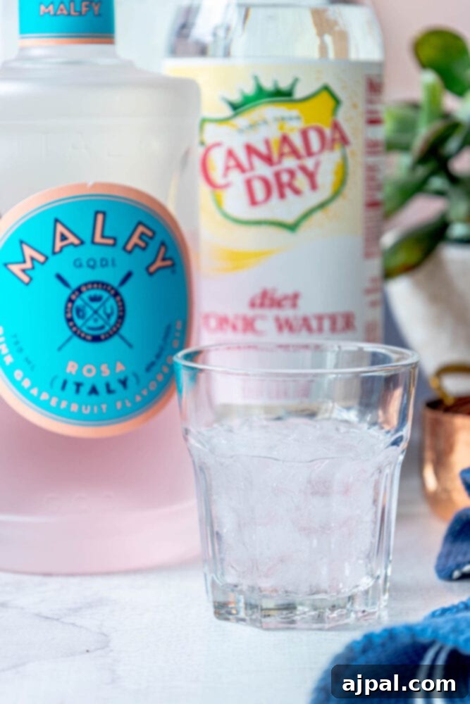 A glass of ice with Canada Dry and gin in the background