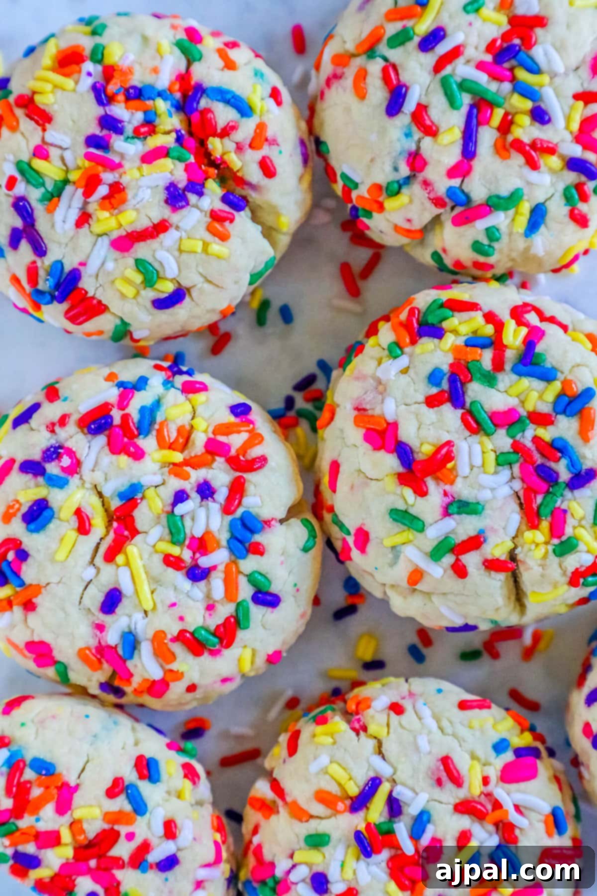 Mega Sprinkle Celebration Cookies 2 Colorful sprinkle cookies on a white plate, easy jumbo funfetti cookies recipe.