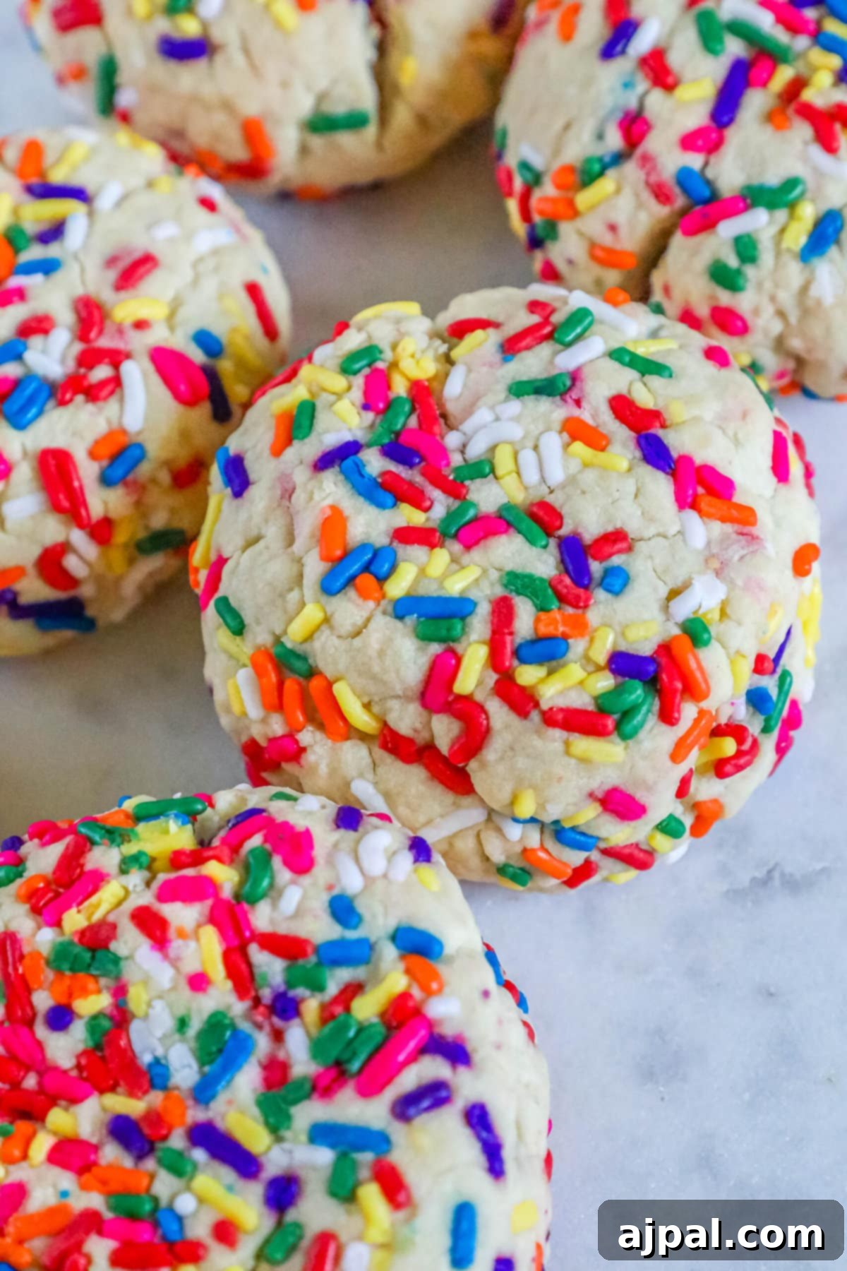 Mega Sprinkle Celebration Cookies 12 Colorful jumbo Funfetti cookies on a marble table.
