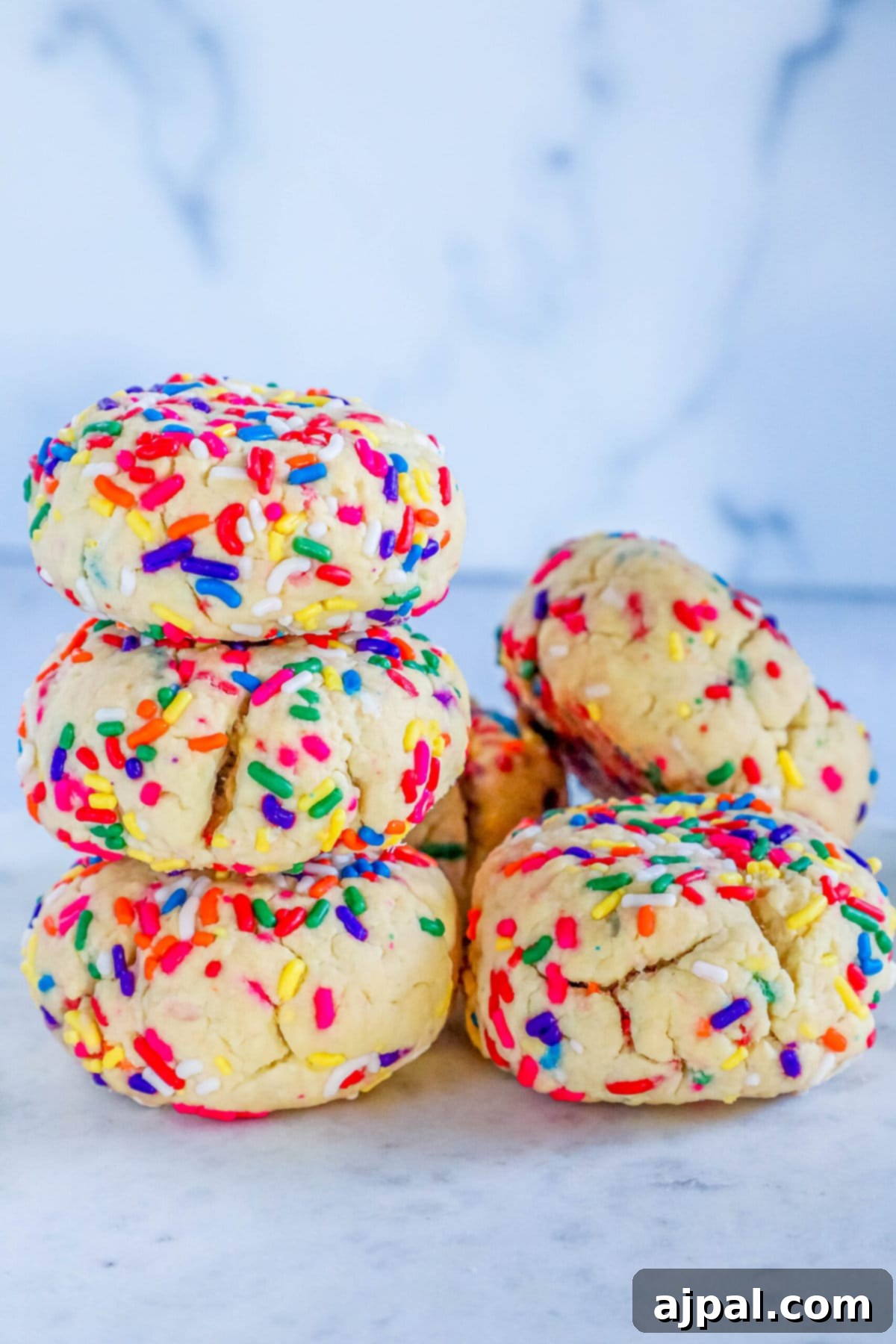 Mega Sprinkle Celebration Cookies 14 A stack of big funfetti cookies on a marble table.
