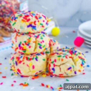 Mega Sprinkle Celebration Cookies 16 picture of stacked funfetti cookies on a table