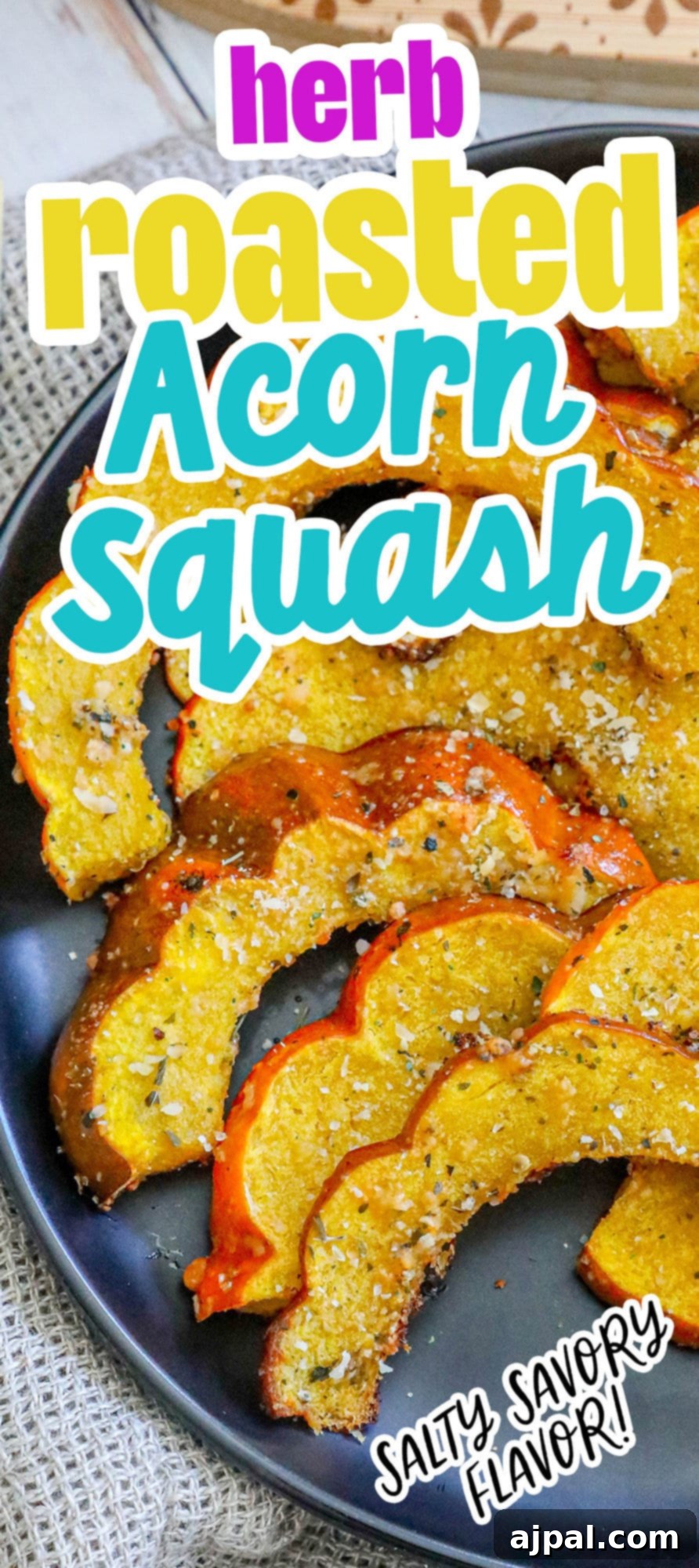 Picture of herb roasted acorn squash recipe, highlighting the crispy texture and savory herbs.