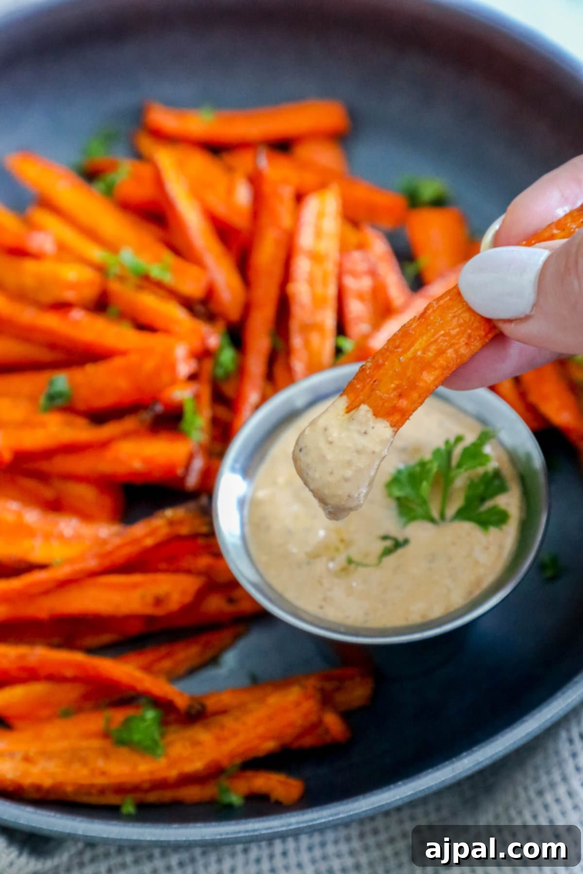 picture of a hand holding a carrot fry dipped in sauce 