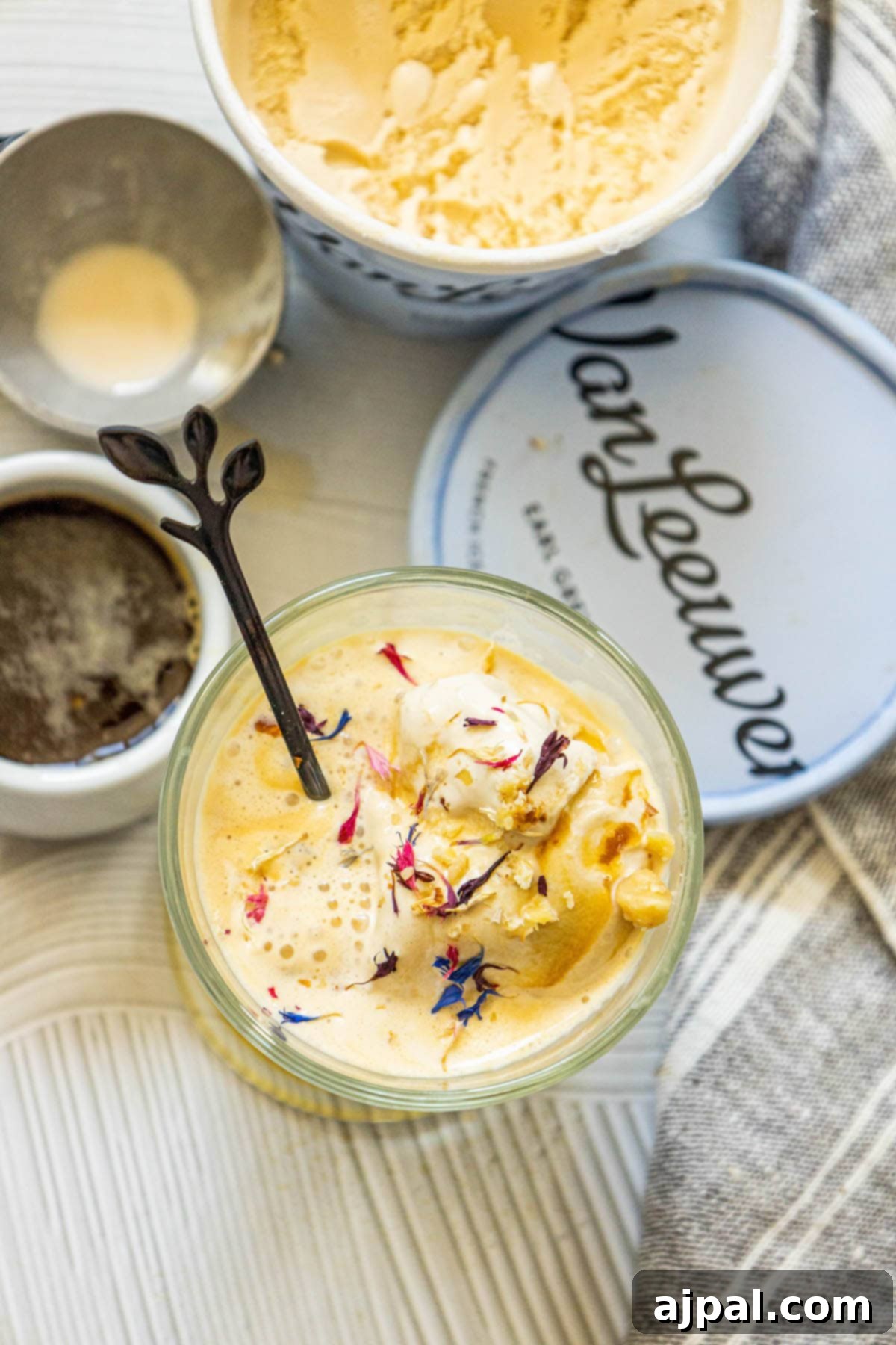 A serene shot of an Earl Grey Affogato with a spoon, highlighting the blend of coffee and tea-infused ice cream.