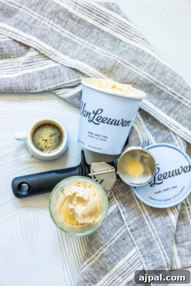 Ingredients for Earl Grey Affogato: A scoop of Earl Grey ice cream and a shot of rich espresso, ready for assembly.
