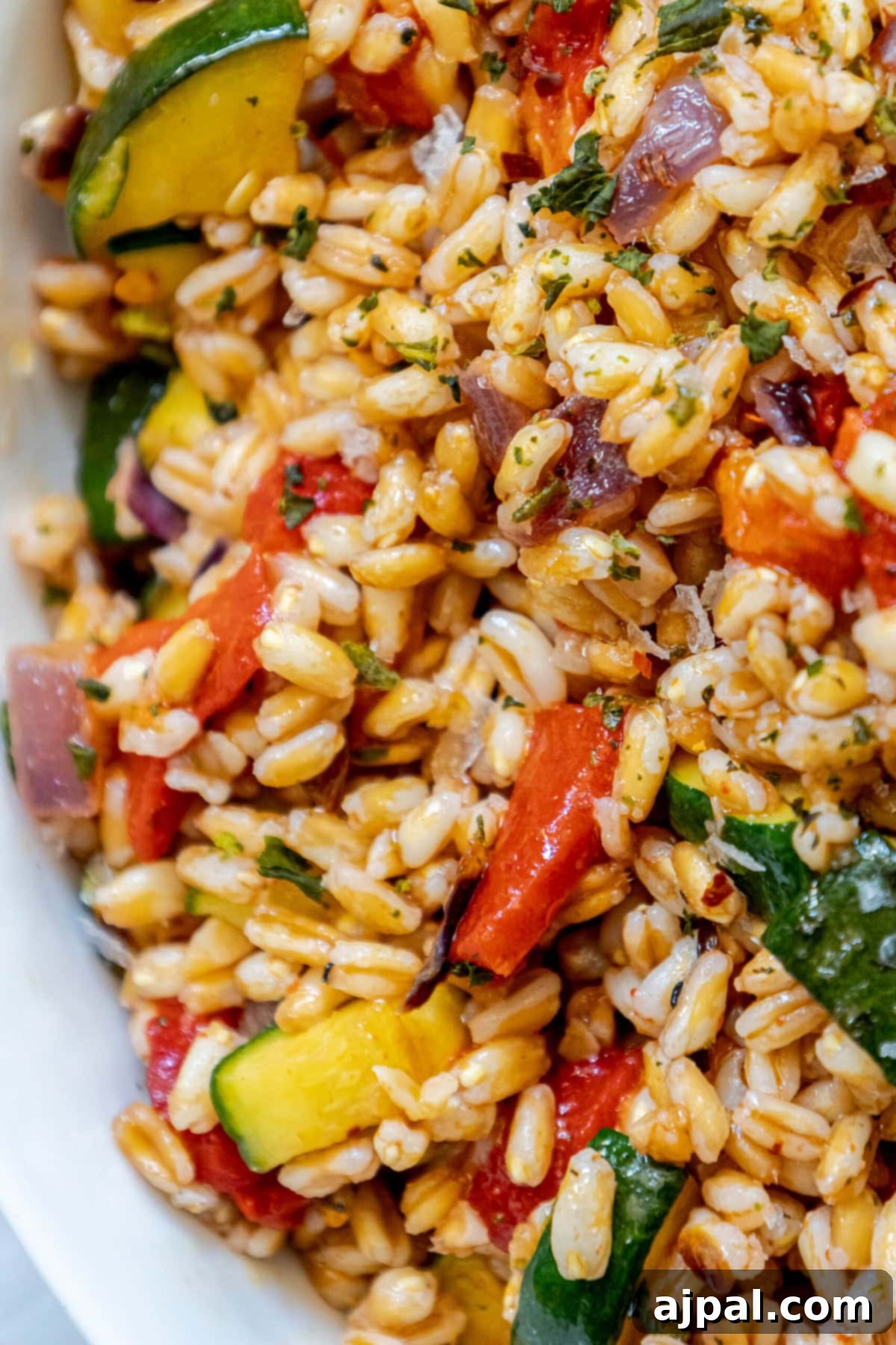 Vibrant Farro Salad with Zucchini and Bell Pepper 3 Close-up of a delicious vegan farro salad with red pepper and zucchini, garnished with fresh herbs in a white serving bowl.
