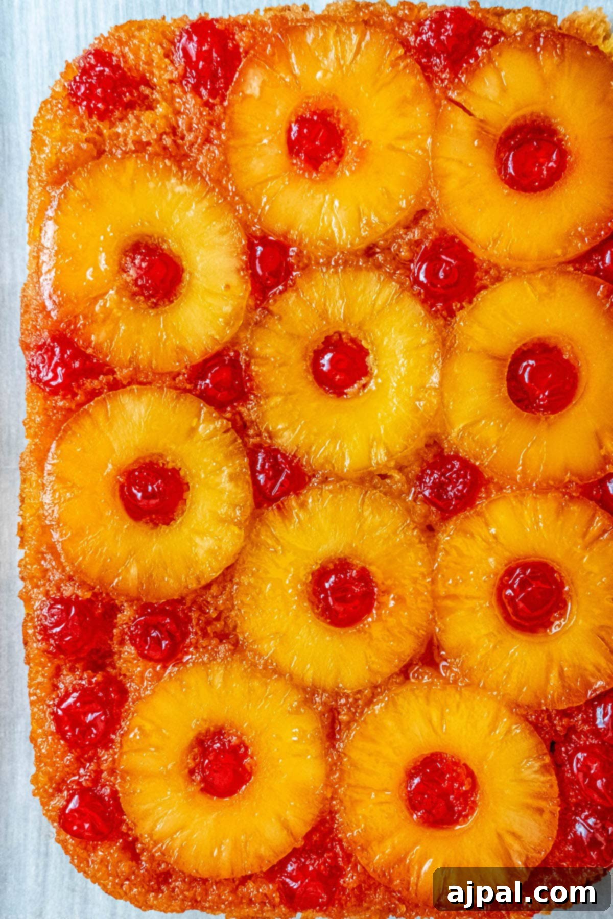 Caramelized Pineapple Bliss 2 picture of pineapple upside down cake with a pineapples and maraschino cherries baked onto the top