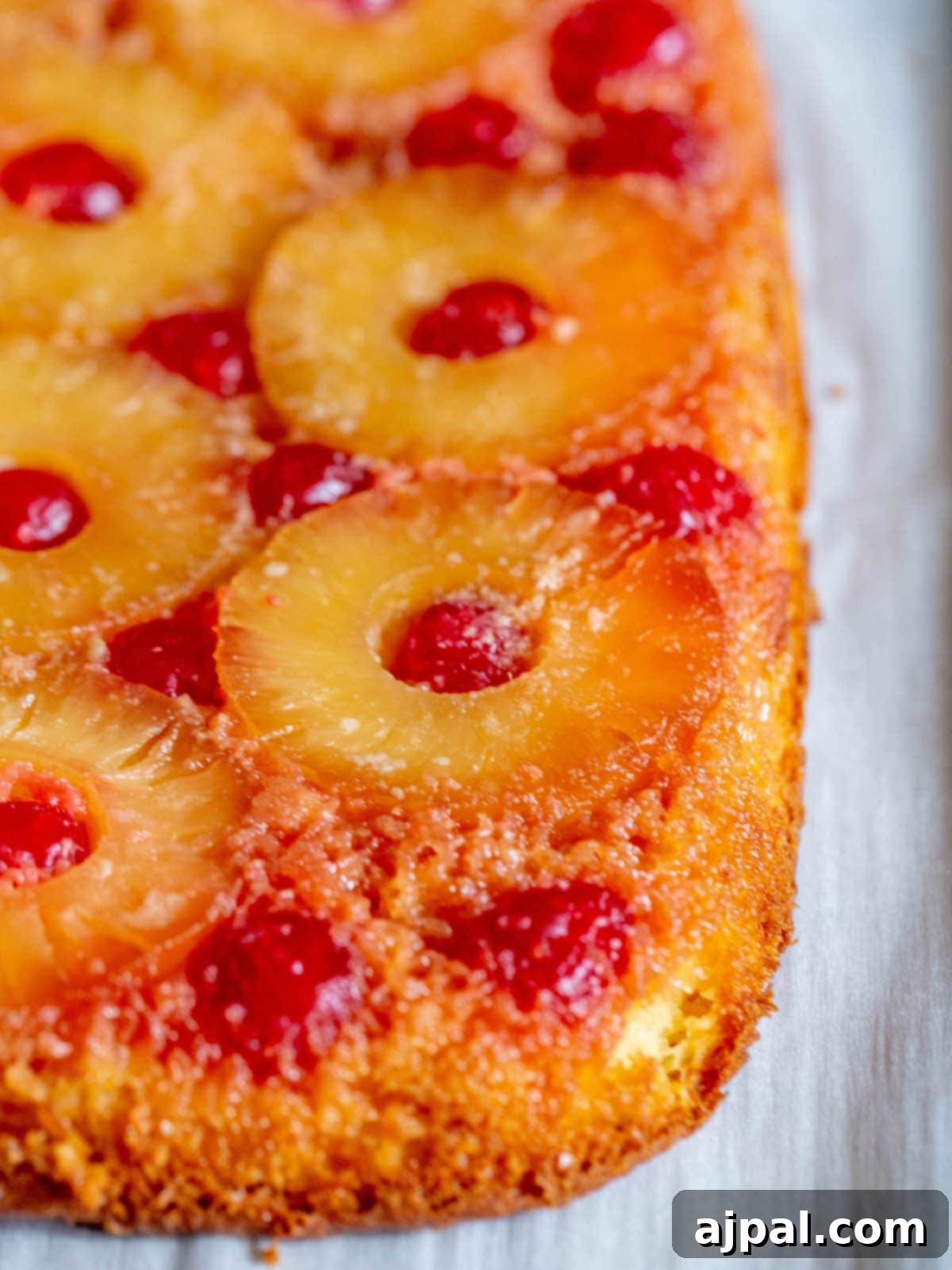 Caramelized Pineapple Bliss 11 picture of pineapple upside down cake with a pineapples and maraschino cherries baked onto the top